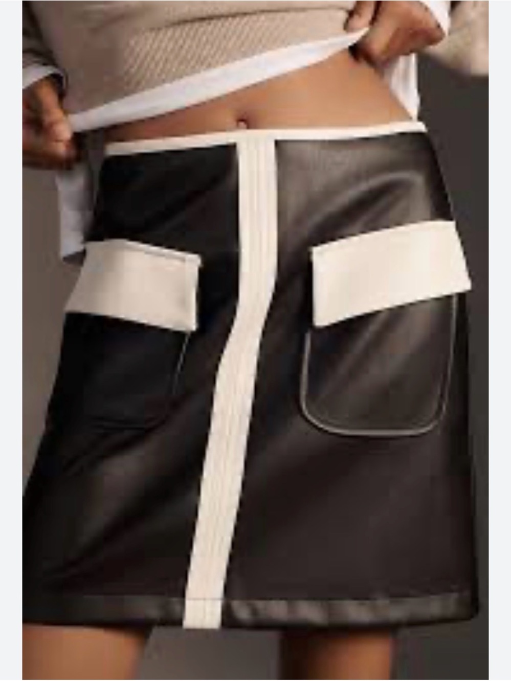 Anthropologie Black Faux-Leather Mini Skirt with Cream Trim